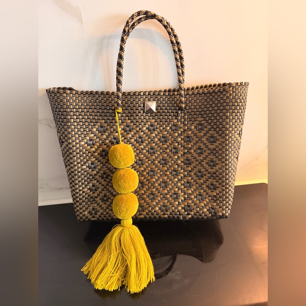 Plastic Woven Tote Bag with Yellow Tassel Charm